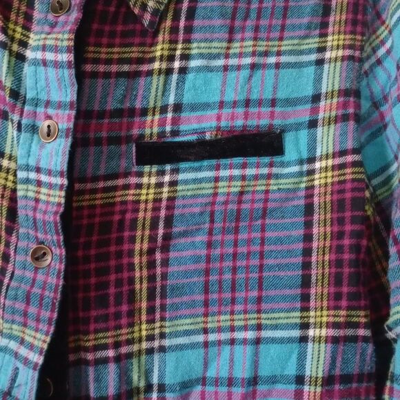 Soft Surroundings Shirt Sz PM Flannel Button Black Velvet Cuffs Appliqués Pride - Picture 2 of 6